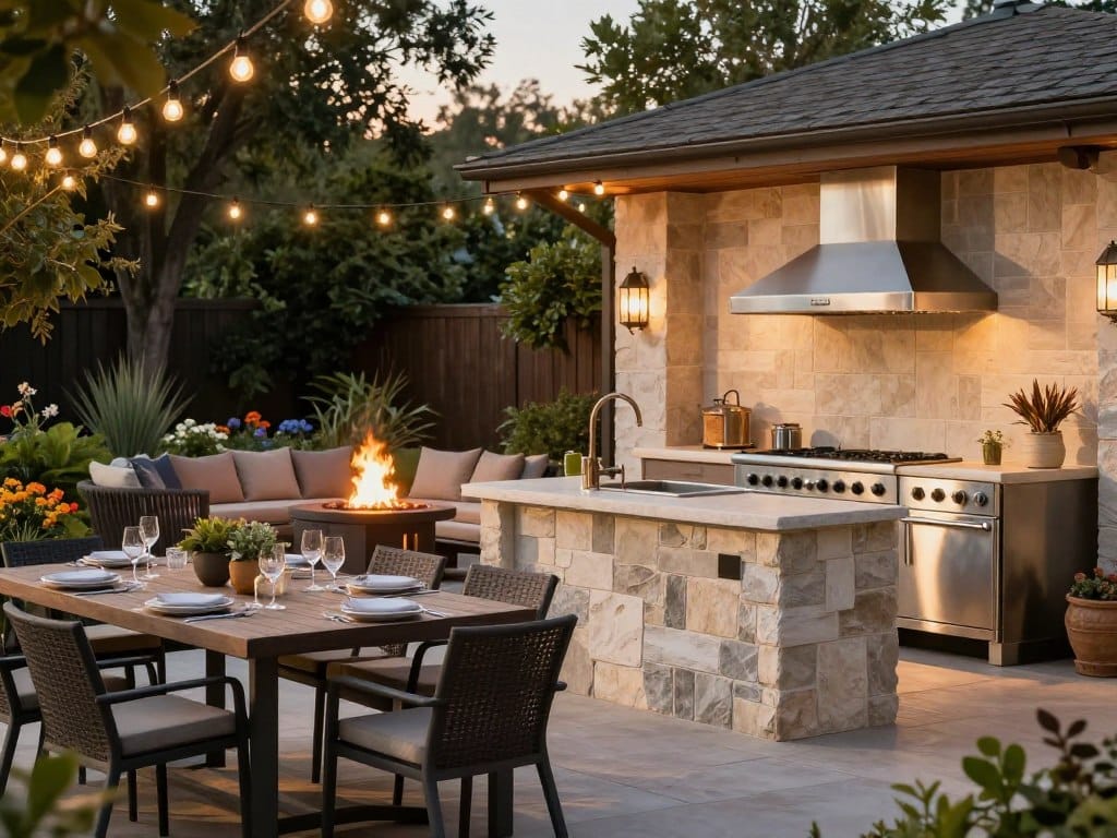 An elegant outdoor kitchen nestled in a modern backyard, featuring sleek stainless steel appliances and a sophisticated stone island. In the foreground, a beautifully arranged dining area with stylish outdoor furniture, dining table set for a gathering under softly glowing string lights. The middle ground showcases a warm, inviting fire pit surrounded by comfortable seating, with flame flickering gently, creating a cozy ambiance. Lush greenery and vibrant flowers add natural beauty in the background, enhancing the serene atmosphere. The scene is bathed in warm, golden hour lighting, casting gentle shadows and highlighting textures. The composition uses a slight low angle to capture the inviting essence of outdoor living, inviting viewers to imagine themselves in this tranquil yet vibrant space.
