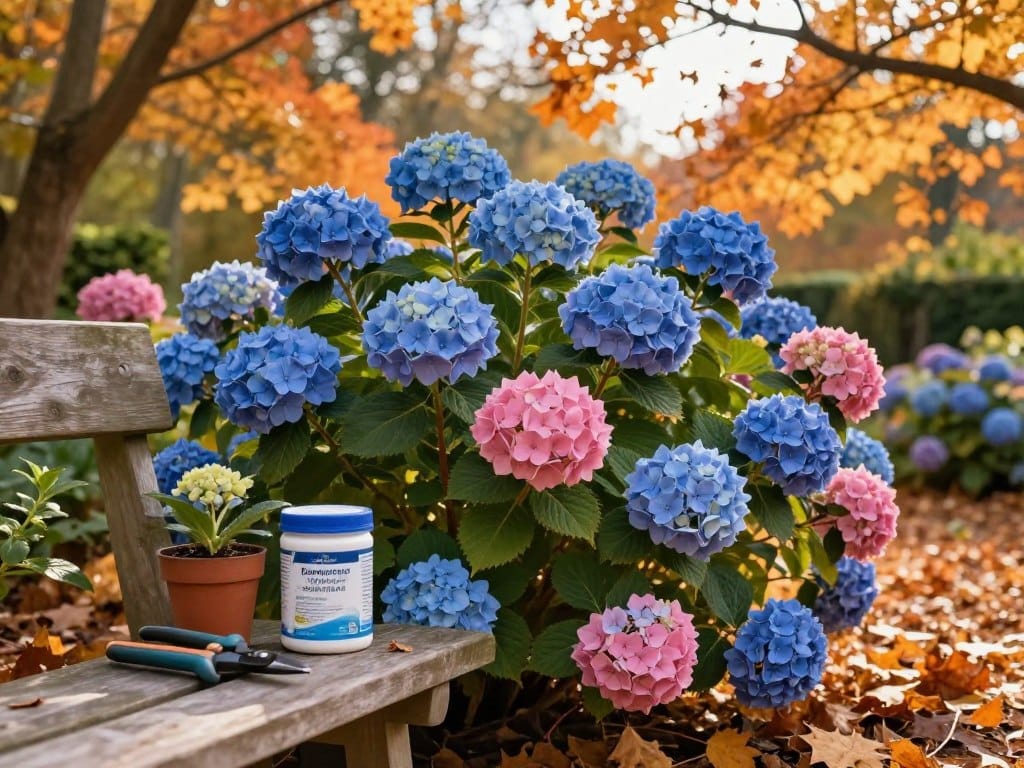 Hydrangeas in a serene fall garden, showcasing vibrant clusters of blue and pink blooms among changing foliage of orange and gold. In the foreground, a pair of gardening shears and a small pot of organic fertilizer sit on a wooden garden bench, symbolizing care and maintenance. The middle ground features a lush hydrangea bush, slightly drooping with the weight of late-season blooms, while nearby, fallen leaves create a rustic tapestry on the ground. The background reveals a soft focus of a sunny autumn sky filtering through delicate branches, highlighting the tranquil atmosphere. The lighting is warm and golden, evoking a contented fall day, with an emphasis on the hydrangeas' beauty and upkeep during this pivotal season. Hydrangeas in a serene fall garden, showcasing vibrant clusters of blue and pink blooms among changing foliage of orange and gold. In the foreground, a pair of gardening shears and a small pot of organic fertilizer sit on a wooden garden bench, symbolizing care and maintenance. The middle ground features a lush hydrangea bush, slightly drooping with the weight of late-season blooms, while nearby, fallen leaves create a rustic tapestry on the ground. The background reveals a soft focus of a sunny autumn sky filtering through delicate branches, highlighting the tranquil atmosphere. The lighting is warm and golden, evoking a contented fall day, with an emphasis on the hydrangeas' beauty and upkeep during this pivotal season.