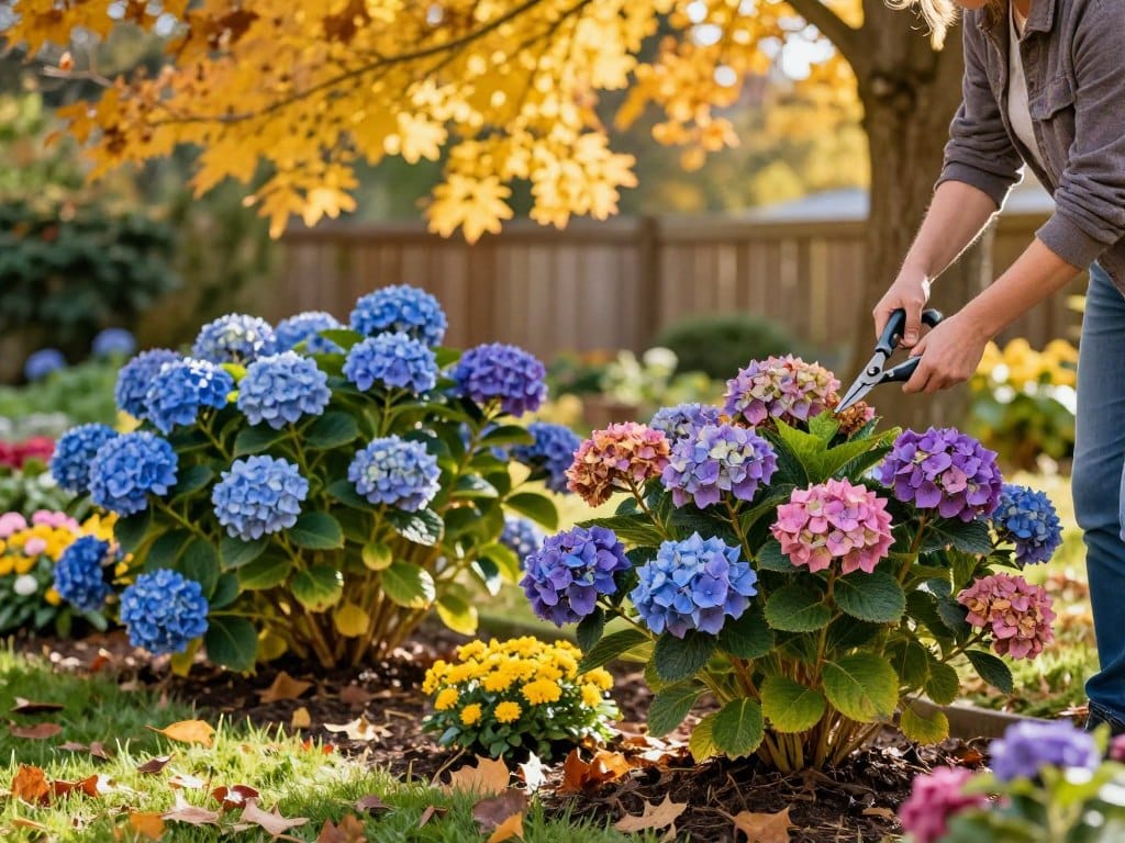 Hydrangeas in the fall, showcasing vibrant hues of blue, purple, and pink against a backdrop of golden autumn leaves. In the foreground, a gardener in casual attire gently prunes the hydrangea bushes, using sharp shears, focusing on the dried blooms. The middle ground features a well-maintained garden bed where hydrangeas are strategically placed among fallen leaves and bright seasonal flowers, emphasizing their beauty and care. In the background, a soft-focused fence and a tree shedding its leaves complete the serene garden scene. The lighting is warm and golden, capturing the essence of a peaceful autumn afternoon. The atmosphere is tranquil, inviting readers to engage in their own hydrangea care techniques during fall. Hydrangeas in the fall, showcasing vibrant hues of blue, purple, and pink against a backdrop of golden autumn leaves. In the foreground, a gardener in casual attire gently prunes the hydrangea bushes, using sharp shears, focusing on the dried blooms. The middle ground features a well-maintained garden bed where hydrangeas are strategically placed among fallen leaves and bright seasonal flowers, emphasizing their beauty and care. In the background, a soft-focused fence and a tree shedding its leaves complete the serene garden scene. The lighting is warm and golden, capturing the essence of a peaceful autumn afternoon. The atmosphere is tranquil, inviting readers to engage in their own hydrangea care techniques during fall.