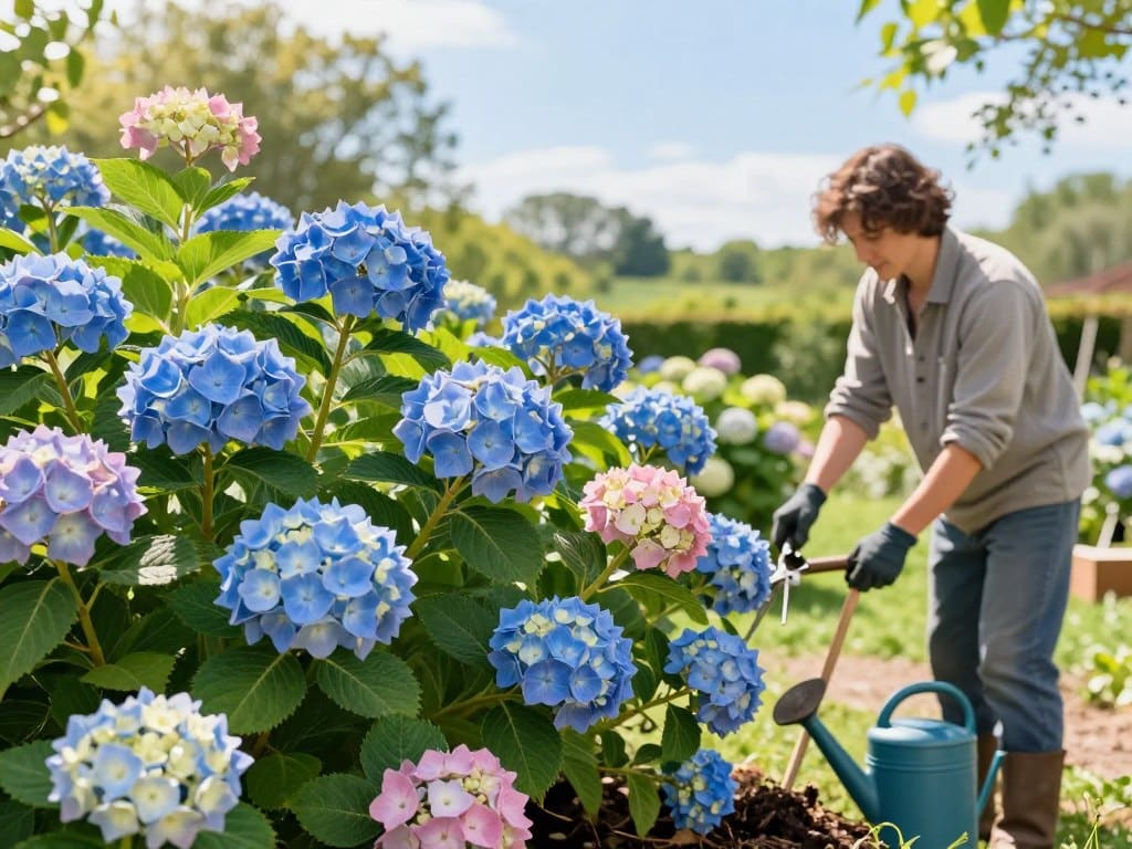 Lush hydrangeas in full bloom, showcasing vibrant blue, pink, and white petals, thriving in a sunny outdoor garden setting. In the foreground, a gardener in modest casual clothing gently prunes a hydrangea bush, examining the leaves for signs of spring growth. The middle ground features a variety of hydrangea plants, some freshly mulched, with gardening tools and a watering can nearby. In the background, a picturesque landscape with trees and a clear blue sky adds depth to the scene. Soft, natural sunlight filters through the leaves, creating a warm and inviting atmosphere, ideal for spring gardening. The image captures the essence of seasonal hydrangea care, emphasizing the connection between the gardener and their plants. Lush hydrangeas in full bloom, showcasing vibrant blue, pink, and white petals, thriving in a sunny outdoor garden setting. In the foreground, a gardener in modest casual clothing gently prunes a hydrangea bush, examining the leaves for signs of spring growth. The middle ground features a variety of hydrangea plants, some freshly mulched, with gardening tools and a watering can nearby. In the background, a picturesque landscape with trees and a clear blue sky adds depth to the scene. Soft, natural sunlight filters through the leaves, creating a warm and inviting atmosphere, ideal for spring gardening. The image captures the essence of seasonal hydrangea care, emphasizing the connection between the gardener and their plants.
