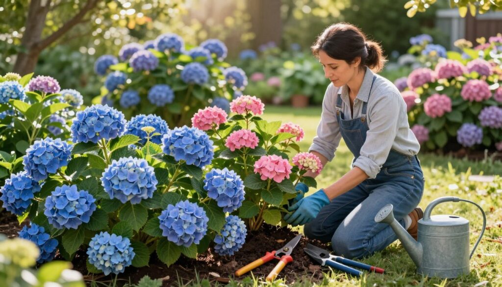A beautifully arranged seasonal guide to hydrangea care outdoors, depicting vibrant hydrangea flowers in various stages of growth throughout the seasons. In the foreground, lush clusters of blue and pink hydrangeas are meticulously pruned, surrounded by gardening tools such as shears and watering cans. The middle ground features a gardener, an American woman in modest casual attire, kneeling and tending to the plants, showcasing an engaging connection with nature. In the background, a sunny garden scene unfolds with blossoming hydrangea bushes under soft, warm sunlight, casting gentle shadows. The atmosphere is serene and inviting, evoking a sense of harmony in outdoor gardening. Capture the scene from a slight angle that highlights both the gardener and the flowers, emphasizing the beauty and care involved in hydrangea cultivation.