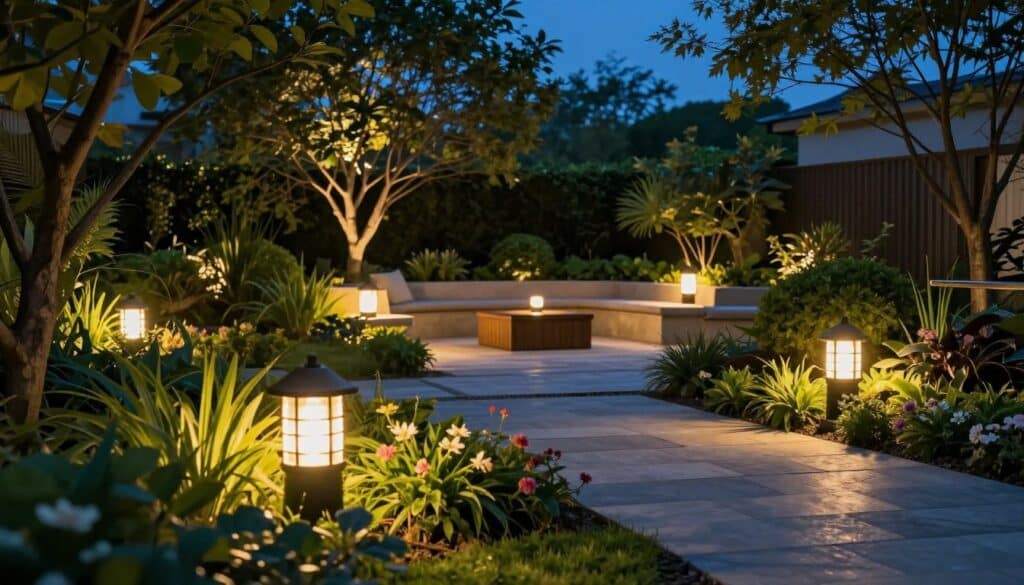 A beautifully designed landscape lighting layout in a serene outdoor space at dusk. The foreground features a variety of stylish, energy-efficient path lights illuminating a diverse garden of flowering plants and lush greenery. In the middle ground, inviting soft-glow up lights highlight a charming stone patio with a wooden seating area, surrounded by elegant shrubs. The background showcases a softly-lit tree canopy, creating a magical atmosphere with subtle, warm, ambient lighting. The scene is captured from a low angle to emphasize the interplay of shadows and light, creating depth. The mood is tranquil and inviting, perfect for relaxation, with a deep blue sky transitioning into night. Focus on the intricate details of the lighting fixtures and the harmonious blend of nature and design. A beautifully designed landscape lighting layout in a serene outdoor space at dusk. The foreground features a variety of stylish, energy-efficient path lights illuminating a diverse garden of flowering plants and lush greenery. In the middle ground, inviting soft-glow up lights highlight a charming stone patio with a wooden seating area, surrounded by elegant shrubs. The background showcases a softly-lit tree canopy, creating a magical atmosphere with subtle, warm, ambient lighting. The scene is captured from a low angle to emphasize the interplay of shadows and light, creating depth. The mood is tranquil and inviting, perfect for relaxation, with a deep blue sky transitioning into night. Focus on the intricate details of the lighting fixtures and the harmonious blend of nature and design.