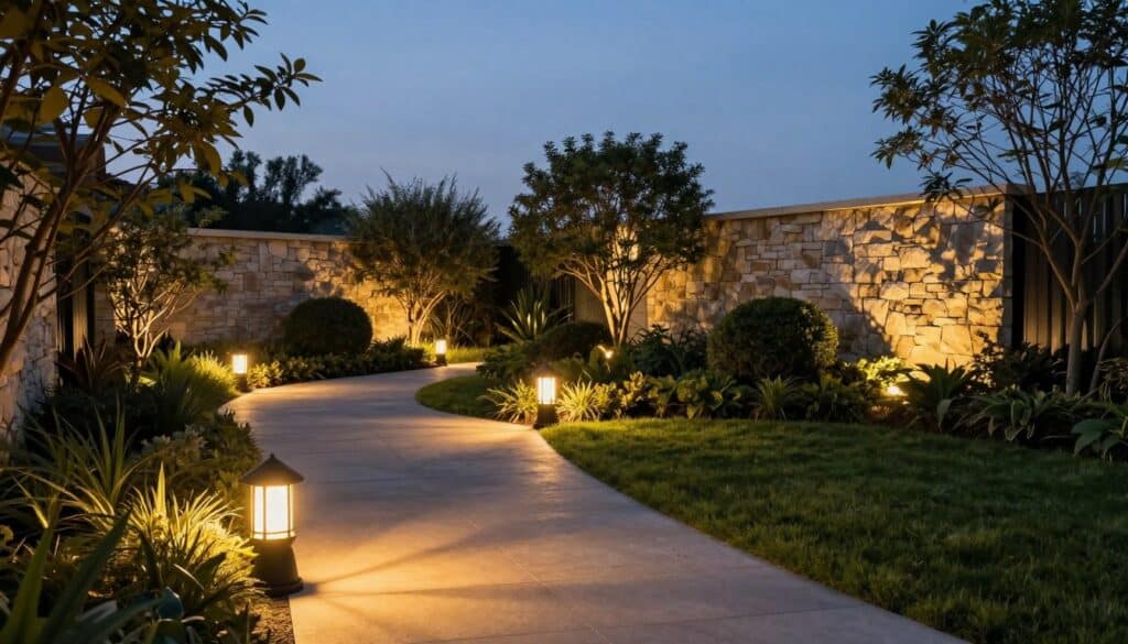 A beautifully designed landscape lighting system illuminating a serene outdoor space during twilight. In the foreground, elegant pathway lights gently guide the viewer's eye, casting warm golden hues on a winding garden path. The middle ground features strategically placed uplights highlighting lush shrubs and a classic stone garden wall, creating shadows that add depth. In the background, soft blue twilight sky transitions to dusk, enhancing the tranquil atmosphere. The scene is captured with a wide-angle lens to encompass the full scope of the lighting system, showcasing its harmonious integration with natural elements. The mood reflects comfort and beauty, inviting viewers to imagine a peaceful evening outdoors. A beautifully designed landscape lighting system illuminating a serene outdoor space during twilight. In the foreground, elegant pathway lights gently guide the viewer's eye, casting warm golden hues on a winding garden path. The middle ground features strategically placed uplights highlighting lush shrubs and a classic stone garden wall, creating shadows that add depth. In the background, soft blue twilight sky transitions to dusk, enhancing the tranquil atmosphere. The scene is captured with a wide-angle lens to encompass the full scope of the lighting system, showcasing its harmonious integration with natural elements. The mood reflects comfort and beauty, inviting viewers to imagine a peaceful evening outdoors.