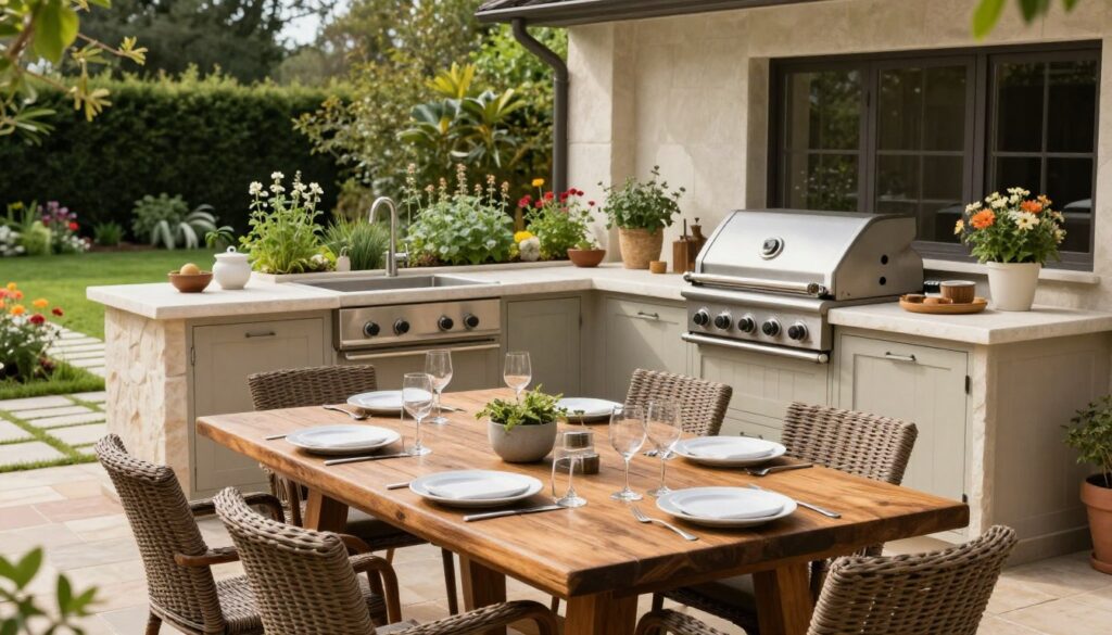 A beautifully designed outdoor kitchen and dining area featuring elegant stone countertops, a built-in grill, and stylish cabinetry. In the foreground, a rustic wooden dining table is set with crisp white plates and silverware, surrounded by comfortable wicker chairs. The middle ground showcases the gleaming kitchen appliances and a charming herb garden integrated into the design. In the background, a well-maintained landscaped yard with vibrant flowers and pathways made of natural stone adds depth. Soft natural lighting creates a warm, inviting atmosphere, capturing the essence of outdoor living. The scene is framed with lush greenery, providing a sense of tranquility and relaxation, perfect for entertaining guests or enjoying family meals outdoors. A beautifully designed outdoor kitchen and dining area featuring elegant stone countertops, a built-in grill, and stylish cabinetry. In the foreground, a rustic wooden dining table is set with crisp white plates and silverware, surrounded by comfortable wicker chairs. The middle ground showcases the gleaming kitchen appliances and a charming herb garden integrated into the design. In the background, a well-maintained landscaped yard with vibrant flowers and pathways made of natural stone adds depth. Soft natural lighting creates a warm, inviting atmosphere, capturing the essence of outdoor living. The scene is framed with lush greenery, providing a sense of tranquility and relaxation, perfect for entertaining guests or enjoying family meals outdoors.