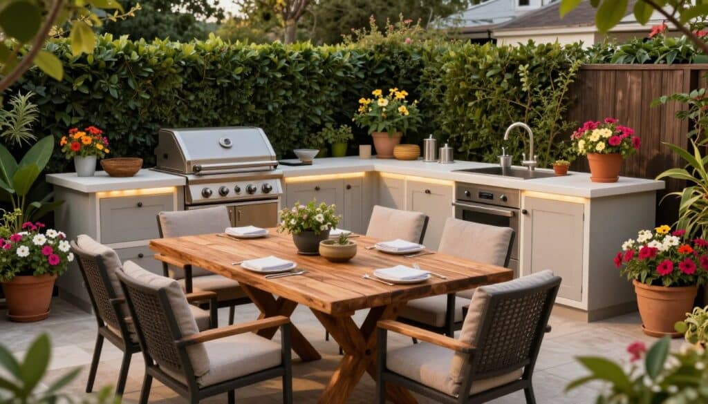 A beautifully designed outdoor patio featuring a cozy outdoor kitchen set against a vibrant garden backdrop. In the foreground, there’s a rustic wooden table surrounded by elegant, comfortable chairs, perfect for alfresco dining. The middle layer showcases a well-equipped outdoor kitchen with a grill, countertop, and stylish cabinetry, all emphasizing functional design elements. Lush green plants and colorful flower pots frame the scene, adding a lively touch. Soft, warm lighting creates a welcoming atmosphere, suggesting an inviting evening setting. The camera angle is slightly elevated, providing a comprehensive view of the entire space. Overall, the mood is relaxed and inspiring, showcasing budget-friendly yet stylish choices for outdoor living. A beautifully designed outdoor patio featuring a cozy outdoor kitchen set against a vibrant garden backdrop. In the foreground, there’s a rustic wooden table surrounded by elegant, comfortable chairs, perfect for alfresco dining. The middle layer showcases a well-equipped outdoor kitchen with a grill, countertop, and stylish cabinetry, all emphasizing functional design elements. Lush green plants and colorful flower pots frame the scene, adding a lively touch. Soft, warm lighting creates a welcoming atmosphere, suggesting an inviting evening setting. The camera angle is slightly elevated, providing a comprehensive view of the entire space. Overall, the mood is relaxed and inspiring, showcasing budget-friendly yet stylish choices for outdoor living.