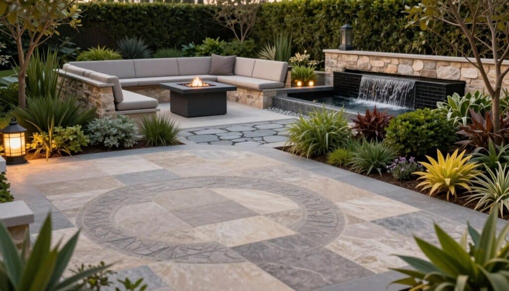 A beautifully designed outdoor space showcasing hardscaping elements, featuring a stylish stone patio with intricate patterns in the foreground. Elegant, well-manicured gardens and native shrubs surround the patio, creating a harmonious balance with the hardscape. In the middle background, a modern fire pit with sleek seating adds a cozy gathering point, while a pathway of smooth river stones leads to a decorative water feature with gentle cascading waterfall sounds. The overall atmosphere is tranquil and inviting, illuminated by soft, warm lighting during golden hour, highlighting the textures of the stone and plants. The angle captures the entire scene from a slightly elevated perspective, giving a panoramic view of this serene outdoor retreat, perfect for relaxation and entertaining. A beautifully designed outdoor space showcasing hardscaping elements, featuring a stylish stone patio with intricate patterns in the foreground. Elegant, well-manicured gardens and native shrubs surround the patio, creating a harmonious balance with the hardscape. In the middle background, a modern fire pit with sleek seating adds a cozy gathering point, while a pathway of smooth river stones leads to a decorative water feature with gentle cascading waterfall sounds. The overall atmosphere is tranquil and inviting, illuminated by soft, warm lighting during golden hour, highlighting the textures of the stone and plants. The angle captures the entire scene from a slightly elevated perspective, giving a panoramic view of this serene outdoor retreat, perfect for relaxation and entertaining.