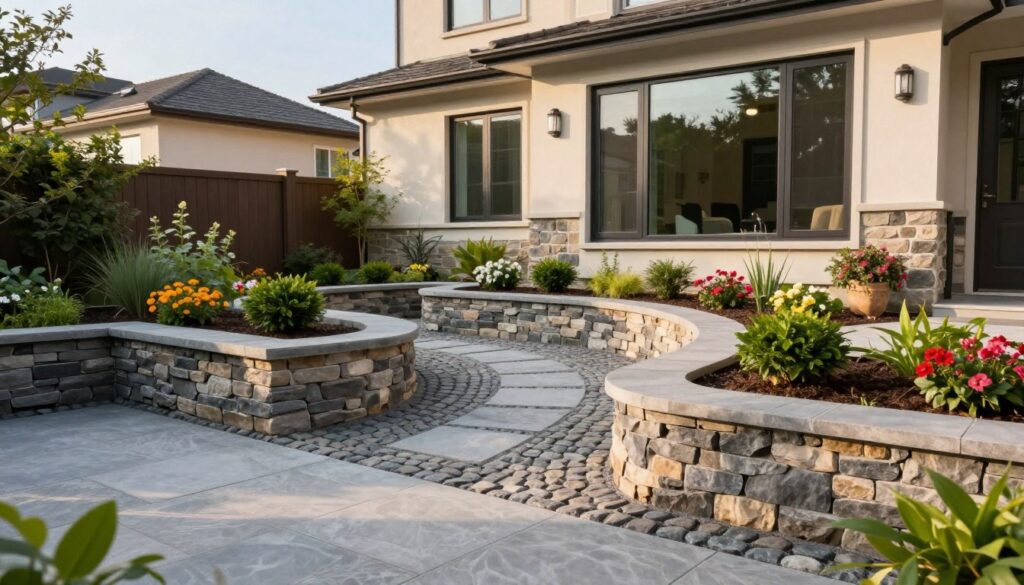 A beautifully landscaped backyard showcasing elegant hardscaping features, such as a stone patio, a winding pathway made of cobblestones, and tasteful retaining walls. In the foreground, a well-maintained garden with vibrant flowers and shrubs complements the hardscape elements. The middle ground captures a modern home with large windows reflecting natural light, emphasizing the increase in property value attributed to the hardscaping. In the background, a clear blue sky enhances the overall ambiance. The scene is captured using a warm, natural lighting setting, with a slightly elevated angle to highlight the harmony between the home and the hardscaping. The mood is inviting and upscale, reflecting the benefits of professional hardscaping in real estate. A beautifully landscaped backyard showcasing elegant hardscaping features, such as a stone patio, a winding pathway made of cobblestones, and tasteful retaining walls. In the foreground, a well-maintained garden with vibrant flowers and shrubs complements the hardscape elements. The middle ground captures a modern home with large windows reflecting natural light, emphasizing the increase in property value attributed to the hardscaping. In the background, a clear blue sky enhances the overall ambiance. The scene is captured using a warm, natural lighting setting, with a slightly elevated angle to highlight the harmony between the home and the hardscaping. The mood is inviting and upscale, reflecting the benefits of professional hardscaping in real estate.