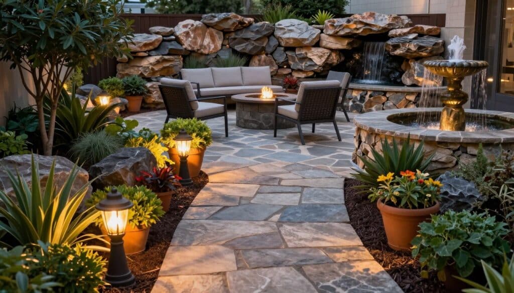 A beautifully landscaped outdoor space showcasing various hardscaping features. In the foreground, a rustic stone pathway winds through an area with vibrant potted plants and elegant garden lights. The middle ground reveals a charming patio made of patterned flagstones, complete with a modern outdoor furniture set and a fire pit surrounded by seated areas. In the background, a decorative rock wall complements a tiered fountain that gently cascades water, creating a serene atmosphere. Soft, warm lighting captures the textures of the materials, evoking a cozy and inviting mood during twilight. The composition is shot from a slightly elevated angle, allowing for a comprehensive view of the hardscaping elements while maintaining a focus on the harmonious blend of nature and structured design. A beautifully landscaped outdoor space showcasing various hardscaping features. In the foreground, a rustic stone pathway winds through an area with vibrant potted plants and elegant garden lights. The middle ground reveals a charming patio made of patterned flagstones, complete with a modern outdoor furniture set and a fire pit surrounded by seated areas. In the background, a decorative rock wall complements a tiered fountain that gently cascades water, creating a serene atmosphere. Soft, warm lighting captures the textures of the materials, evoking a cozy and inviting mood during twilight. The composition is shot from a slightly elevated angle, allowing for a comprehensive view of the hardscaping elements while maintaining a focus on the harmonious blend of nature and structured design.