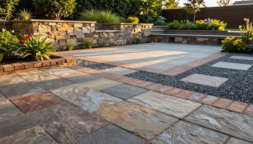 A beautifully landscaped outdoor space showcasing various hardscaping materials, featuring a close-up foreground of rich, textured stone pavers in varying colors. In the middle ground, a stylish patio made of smooth flagstone is complemented by rustic brick edging and decorative gravel pathways. In the background, elegant retaining walls made of natural stone rise alongside lush greenery and well-maintained flower beds, under a warm golden-hour sunlight that casts soft shadows. The scene captures a tranquil, inviting atmosphere ideal for relaxation and gatherings. The perspective is slightly elevated, like a bird's-eye view, highlighting the arrangement and selection of materials. Focus on creating an engaging visual that exemplifies the beauty and utility of hardscaping for enhancing an outdoor living space. A beautifully landscaped outdoor space showcasing various hardscaping materials, featuring a close-up foreground of rich, textured stone pavers in varying colors. In the middle ground, a stylish patio made of smooth flagstone is complemented by rustic brick edging and decorative gravel pathways. In the background, elegant retaining walls made of natural stone rise alongside lush greenery and well-maintained flower beds, under a warm golden-hour sunlight that casts soft shadows. The scene captures a tranquil, inviting atmosphere ideal for relaxation and gatherings. The perspective is slightly elevated, like a bird's-eye view, highlighting the arrangement and selection of materials. Focus on creating an engaging visual that exemplifies the beauty and utility of hardscaping for enhancing an outdoor living space.
