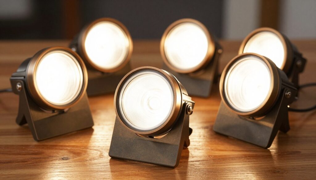 A close-up of several warm white LED landscape spotlights with durable bronze finishes placed on a wooden table. A close-up of several warm white LED landscape spotlights with durable bronze finishes placed on a wooden table.