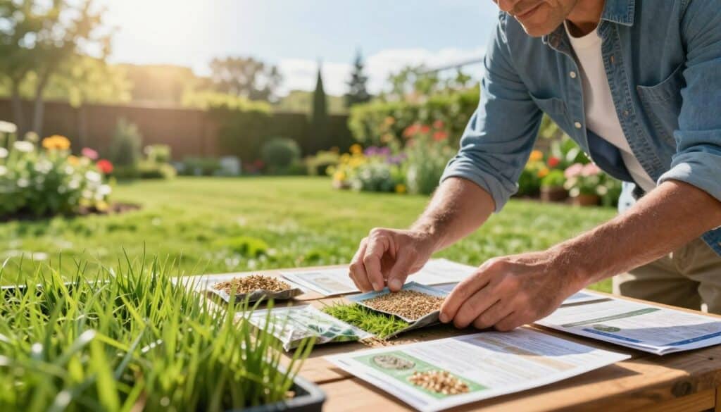 A close-up scene of a professional landscape architect in a sunlit garden, carefully selecting various grass and seed mixes for lawn renovation. The architect, a middle-aged American male in smart-casual attire, is examining seed packets spread out on a wooden table. In the foreground, vibrant green grass samples are showcased, alongside detailed information sheets on seed types. The middle background features lush lawn patches and blooming plants, conveying a sense of vitality. The background showcases a clear sky with sunlight streaming through trees, creating a warm and inviting atmosphere. Capture this moment with a shallow depth of field to emphasize the grass mixes while softly blurring the surroundings, enhancing focus on the selection process. A close-up scene of a professional landscape architect in a sunlit garden, carefully selecting various grass and seed mixes for lawn renovation. The architect, a middle-aged American male in smart-casual attire, is examining seed packets spread out on a wooden table. In the foreground, vibrant green grass samples are showcased, alongside detailed information sheets on seed types. The middle background features lush lawn patches and blooming plants, conveying a sense of vitality. The background showcases a clear sky with sunlight streaming through trees, creating a warm and inviting atmosphere. Capture this moment with a shallow depth of field to emphasize the grass mixes while softly blurring the surroundings, enhancing focus on the selection process.