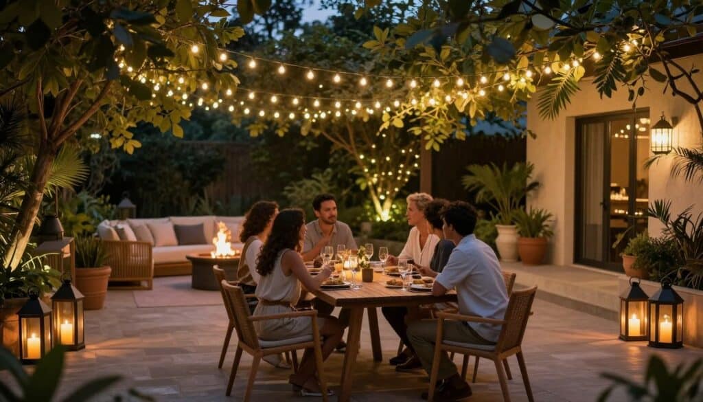 A cozy outdoor living space illuminated by various types of ambient lighting. In the foreground, a wooden dining table is set for a meal, surrounded by stylish, modestly dressed friends enjoying a conversation. The middle ground features softly glowing string lights cascading above, intertwined with lush greenery, creating a magical atmosphere. Lanterns with flickering candles line the edges, casting warm shadows. In the background, a small fire pit adds a gentle glow, complemented by potted plants. The scene is captured in a warm twilight setting, with a shallow depth of field highlighting the lights and the warm tones, evoking a sense of comfort and relaxation. The mood is inviting and perfect for gatherings, showcasing elegant but budget-friendly outdoor lighting solutions. A cozy outdoor living space illuminated by various types of ambient lighting. In the foreground, a wooden dining table is set for a meal, surrounded by stylish, modestly dressed friends enjoying a conversation. The middle ground features softly glowing string lights cascading above, intertwined with lush greenery, creating a magical atmosphere. Lanterns with flickering candles line the edges, casting warm shadows. In the background, a small fire pit adds a gentle glow, complemented by potted plants. The scene is captured in a warm twilight setting, with a shallow depth of field highlighting the lights and the warm tones, evoking a sense of comfort and relaxation. The mood is inviting and perfect for gatherings, showcasing elegant but budget-friendly outdoor lighting solutions.