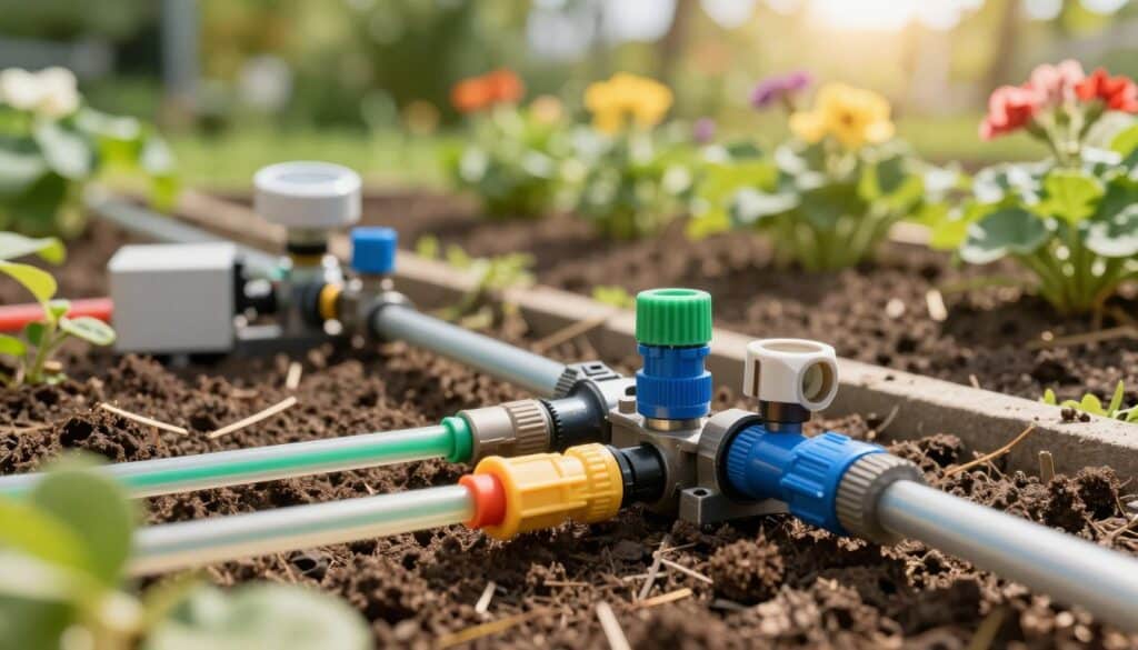 A detailed close-up of modern drip irrigation system components used in gardening. In the foreground, showcase various parts like drip emitters, tubing, and connectors with vibrant colors, highlighting the intricate design. In the middle ground, include a small professional garden setup featuring soil moisture sensors and a pressure regulator, emphasizing their utility. In the background, depict a garden with lush greenery and flowering plants, benefiting from the irrigation system, under bright, natural sunlight for a warm atmosphere. The angle should be slightly elevated to capture the entire setup, with a shallow depth of field to keep the focus on the irrigation components while softly blurring the background garden scene. A detailed close-up of modern drip irrigation system components used in gardening. In the foreground, showcase various parts like drip emitters, tubing, and connectors with vibrant colors, highlighting the intricate design. In the middle ground, include a small professional garden setup featuring soil moisture sensors and a pressure regulator, emphasizing their utility. In the background, depict a garden with lush greenery and flowering plants, benefiting from the irrigation system, under bright, natural sunlight for a warm atmosphere. The angle should be slightly elevated to capture the entire setup, with a shallow depth of field to keep the focus on the irrigation components while softly blurring the background garden scene.
