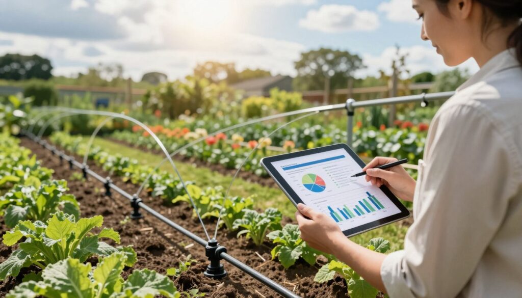 A detailed cost analysis of drip irrigation showcased in a visually engaging format. In the foreground, a professional landscape designer, dressed in a modest casual attire, analyzes charts and graphs related to irrigation costs. In the middle ground, we see a vibrant garden with neatly arranged drip irrigation lines weaving through fresh plants. The background features a sunny sky with soft clouds and distant trees, creating a serene atmosphere. The lighting is bright and natural, emphasizing the lush greenery and the clear details of the charts on a tablet held by the designer. The overall mood is focused and optimistic, highlighting the investment benefits and long-term savings associated with drip irrigation in gardens. A detailed cost analysis of drip irrigation showcased in a visually engaging format. In the foreground, a professional landscape designer, dressed in a modest casual attire, analyzes charts and graphs related to irrigation costs. In the middle ground, we see a vibrant garden with neatly arranged drip irrigation lines weaving through fresh plants. The background features a sunny sky with soft clouds and distant trees, creating a serene atmosphere. The lighting is bright and natural, emphasizing the lush greenery and the clear details of the charts on a tablet held by the designer. The overall mood is focused and optimistic, highlighting the investment benefits and long-term savings associated with drip irrigation in gardens.