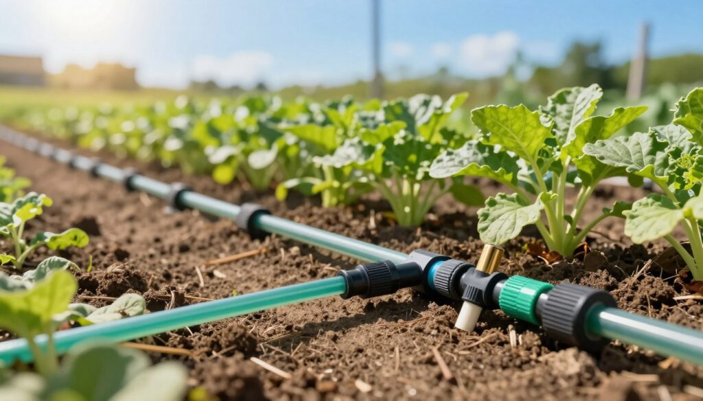 A detailed illustration of drip irrigation system components, featuring a close-up foreground of drip emitters, tubing, and connectors. In the middle ground, showcase a small garden bed with healthy, lush plants, demonstrating the effect of the irrigation system. The background includes a sunny landscape with clear blue skies, emphasizing a bright and cheerful atmosphere. Use natural lighting to highlight the textures of the soil and plants, and present the scene from a slightly elevated angle to capture the intricacies of the irrigation system and its components. The image should evoke a sense of efficiency and sustainability in gardening. A detailed illustration of drip irrigation system components, featuring a close-up foreground of drip emitters, tubing, and connectors. In the middle ground, showcase a small garden bed with healthy, lush plants, demonstrating the effect of the irrigation system. The background includes a sunny landscape with clear blue skies, emphasizing a bright and cheerful atmosphere. Use natural lighting to highlight the textures of the soil and plants, and present the scene from a slightly elevated angle to capture the intricacies of the irrigation system and its components. The image should evoke a sense of efficiency and sustainability in gardening.
