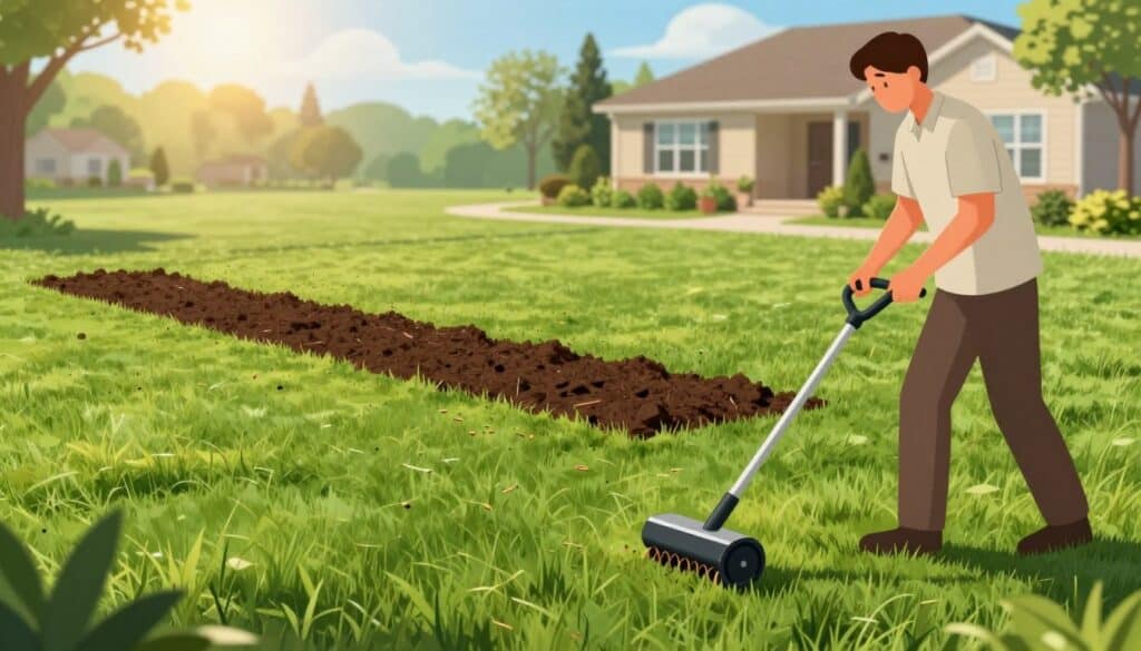 A detailed illustration of the essential steps in the lawn renovation process. In the foreground, show a vibrant green lawn being aerated with a core aerator, with a professional in modest casual clothing demonstrating the technique. In the middle ground, depict freshly applied topsoil and grass seed being spread evenly on the lawn, highlighting the meticulous care involved. In the background, a sunny sky casts soft, warm light over a picturesque suburban landscape, featuring a comfortable home with well-maintained gardens. The overall mood is optimistic and focused on rejuvenation, symbolizing growth and a healthy, green lawn. Use a slightly elevated angle to capture the entire scene for a comprehensive view. A detailed illustration of the essential steps in the lawn renovation process. In the foreground, show a vibrant green lawn being aerated with a core aerator, with a professional in modest casual clothing demonstrating the technique. In the middle ground, depict freshly applied topsoil and grass seed being spread evenly on the lawn, highlighting the meticulous care involved. In the background, a sunny sky casts soft, warm light over a picturesque suburban landscape, featuring a comfortable home with well-maintained gardens. The overall mood is optimistic and focused on rejuvenation, symbolizing growth and a healthy, green lawn. Use a slightly elevated angle to capture the entire scene for a comprehensive view.
