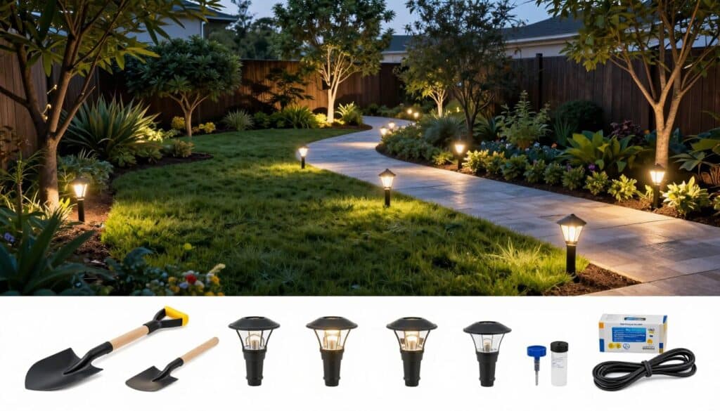 A detailed step-by-step illustration of landscape lighting installation, showcasing various stages. In the foreground, display a neatly arranged set of tools: a shovel, landscape lighting fixtures, and electrical supplies. The middle ground features a well-landscaped garden with evenly spaced lights being installed along pathways and trees, highlighting the placement process. In the background, soft twilight enhances the scene, casting a warm glow from the newly installed lights, illuminating the garden's features. The mood is inviting and serene, suggesting an outdoor ambiance perfect for gatherings. Capture this from a slightly elevated angle to provide a comprehensive view of the installation process, ensuring a clear depiction without any text or watermarks. A detailed step-by-step illustration of landscape lighting installation, showcasing various stages. In the foreground, display a neatly arranged set of tools: a shovel, landscape lighting fixtures, and electrical supplies. The middle ground features a well-landscaped garden with evenly spaced lights being installed along pathways and trees, highlighting the placement process. In the background, soft twilight enhances the scene, casting a warm glow from the newly installed lights, illuminating the garden's features. The mood is inviting and serene, suggesting an outdoor ambiance perfect for gatherings. Capture this from a slightly elevated angle to provide a comprehensive view of the installation process, ensuring a clear depiction without any text or watermarks.