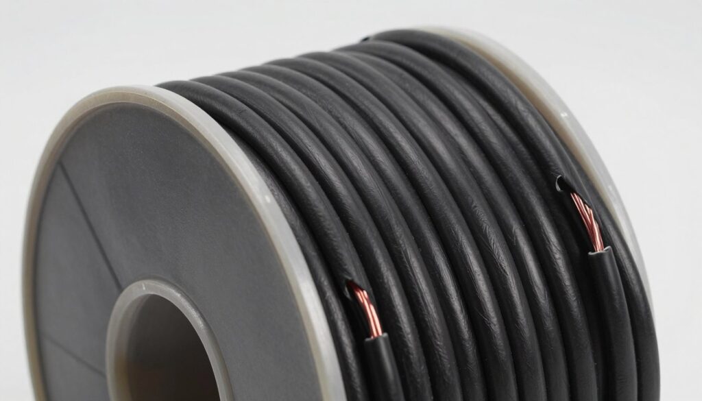 A large spool of 14/2 low voltage landscape lighting cable showing the black protective jacket and copper interior. A large spool of 14/2 low voltage landscape lighting cable showing the black protective jacket and copper interior.