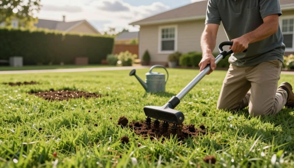 A lush green lawn in the foreground being revitalized through overseeding and aeration. A professional gardener, dressed in modest casual attire, is kneeling while aerating the soil with a push aerator, creating small plugs of soil being cast aside. In the background, newly scattered seeds are visible on the freshly aerated patches, while a watering can sits nearby. Soft, warm sunlight filters through scattered clouds, casting gentle shadows across the lawn. An inviting suburban setting with neatly trimmed hedges and a cozy house adds to the atmosphere of care and nurturing. The scene conveys a sense of growth and renewal, emphasizing the importance of lawn care services.