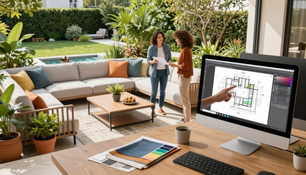 A modern outdoor living space depicted in the 3D design visualization process, showcasing a cozy seating area with a sectional sofa, a coffee table, and vibrant potted plants. In the foreground, a sleek computer screen displays the 3D design software filled with detailed layouts and color schemes, surrounded by design materials like fabric swatches and paint samples. In the middle, an interior designer in smart casual clothing is reviewing the design with a client, pointing at the screen with enthusiasm. The background features a realistic, sunlight-drenched garden with lush greenery and a small water feature, enhancing the mood of creativity and collaboration. The lighting is bright and inviting, emphasizing the design details and the vibrant colors of the outdoor space. The angle is slightly elevated, capturing both the designer’s work and the garden view. A modern outdoor living space depicted in the 3D design visualization process, showcasing a cozy seating area with a sectional sofa, a coffee table, and vibrant potted plants. In the foreground, a sleek computer screen displays the 3D design software filled with detailed layouts and color schemes, surrounded by design materials like fabric swatches and paint samples. In the middle, an interior designer in smart casual clothing is reviewing the design with a client, pointing at the screen with enthusiasm. The background features a realistic, sunlight-drenched garden with lush greenery and a small water feature, enhancing the mood of creativity and collaboration. The lighting is bright and inviting, emphasizing the design details and the vibrant colors of the outdoor space. The angle is slightly elevated, capturing both the designer’s work and the garden view.