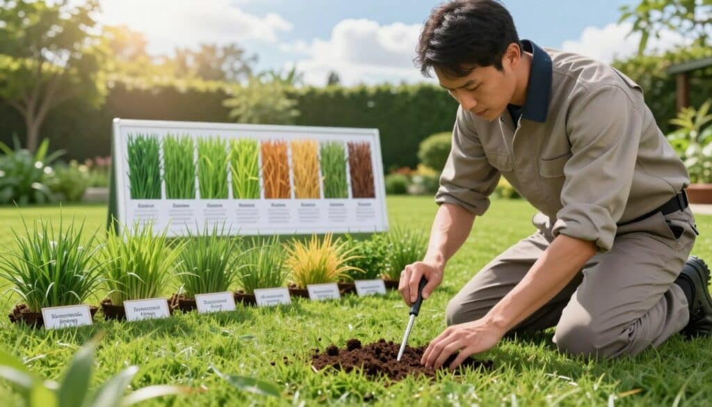 A professional lawn care technician in business casual attire, kneeling on a lush green lawn, conducting soil testing with a soil probe in the foreground. The technician is focused on analyzing soil samples, surrounded by various types of grass, each labeled with tags highlighting their unique characteristics. In the middle ground, a detailed chart of grass types is visible, with colors ranging from vibrant green to golden brown, illustrating the differences. The background features a well-manicured garden with sunlight filtering through a few scattered clouds, creating a serene and educational atmosphere. The scene captures a sense of diligence and knowledge, emphasizing the importance of understanding soil quality and grass types in lawn care services, shot with soft, natural lighting to enhance the colors and textures.