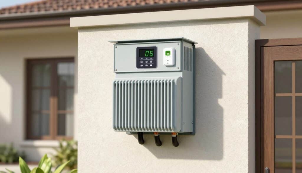 A professional low voltage landscape lighting transformer with a digital timer and photo sensor mounted on a clean exterior house wall during the day. A professional low voltage landscape lighting transformer with a digital timer and photo sensor mounted on a clean exterior house wall during the day.