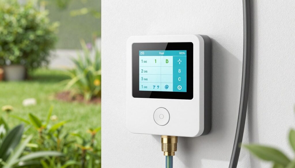 A professional smart irrigation controller mounted on an outdoor wall, displaying a digital interface with watering schedules, surrounded by neat drip tubing and garden greenery. A professional smart irrigation controller mounted on an outdoor wall, displaying a digital interface with watering schedules, surrounded by neat drip tubing and garden greenery.