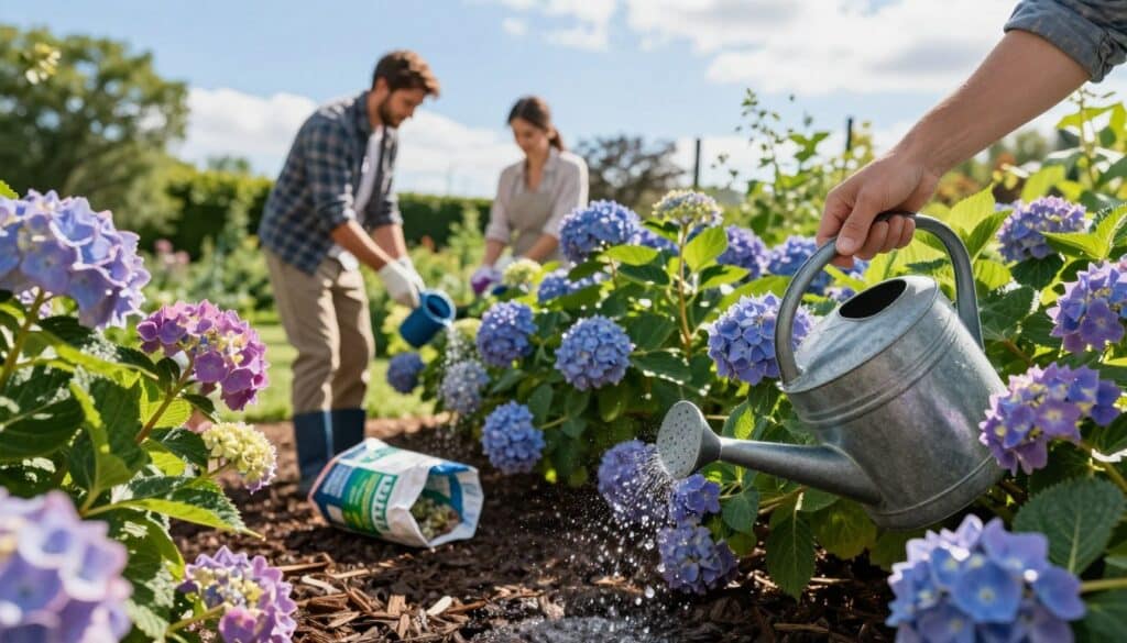 A serene garden scene featuring a pair of American gardeners in modest casual clothing, actively watering and fertilizing vibrant hydrangeas in full bloom. In the foreground, a watering can is tipped towards blooming hydrangeas, showing droplets glistening in the sunlight. The middle ground features a rich, dark mulch surrounding the hydrangeas, with a bag of organic fertilizer open nearby. The background showcases lush greenery and a bright blue sky, with soft, diffused sunlight casting gentle shadows. The atmosphere is peaceful and nurturing, emphasizing the care and attention needed for these beautiful flowers. Use a slightly elevated angle to capture both the hydrangeas and the gardeners in action, evoking a sense of connection to nature.