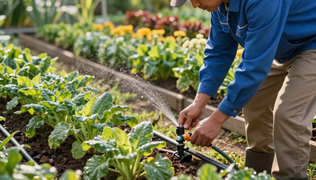 A serene garden setting showcasing a drip irrigation system in action. In the foreground, a professional maintenance technician, dressed in a blue work shirt and khaki pants, is inspecting the drip lines, using a handheld tool to check for clogs. In the middle ground, vibrant green plants thrive around the neatly arranged irrigation tubing, with small droplets of water glistening in the sunlight. The background features neatly organized rows of flowering plants and vegetables, demonstrating the benefits of drip irrigation. The scene is bathed in warm, natural sunlight, casting soft shadows, creating an atmosphere of care and productivity. A low angle perspective captures the meticulousness of the technician's work, emphasizing the importance of system management in maintaining a healthy garden ecosystem. A serene garden setting showcasing a drip irrigation system in action. In the foreground, a professional maintenance technician, dressed in a blue work shirt and khaki pants, is inspecting the drip lines, using a handheld tool to check for clogs. In the middle ground, vibrant green plants thrive around the neatly arranged irrigation tubing, with small droplets of water glistening in the sunlight. The background features neatly organized rows of flowering plants and vegetables, demonstrating the benefits of drip irrigation. The scene is bathed in warm, natural sunlight, casting soft shadows, creating an atmosphere of care and productivity. A low angle perspective captures the meticulousness of the technician's work, emphasizing the importance of system management in maintaining a healthy garden ecosystem.