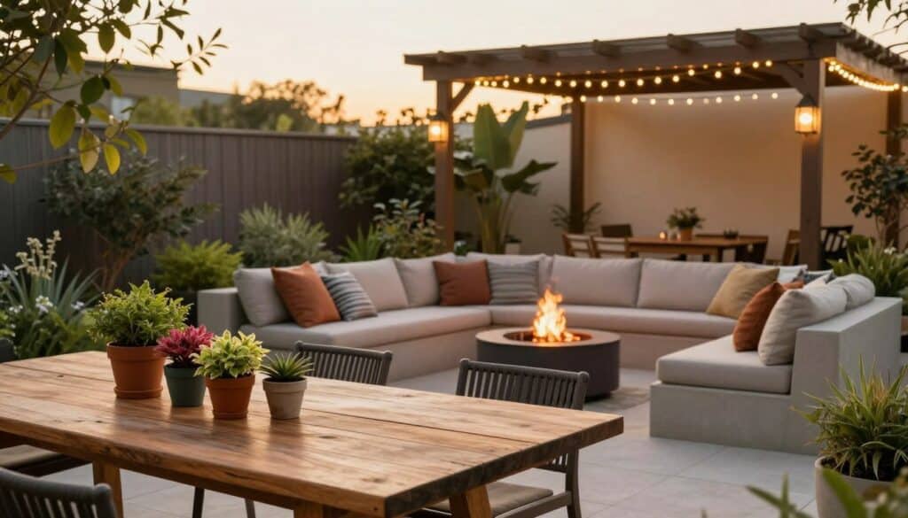 A serene outdoor living space that embodies the concept of a budget-friendly project. In the foreground, a rustic wooden table set with a few colorful potted plants, showcasing an inviting atmosphere. The middle ground features a cozy seating area with cushions in earthy tones, surrounded by well-maintained greenery and a small fire pit, creating a warm gathering spot. In the background, a simple but stylish pergola adorned with fairy lights adds charm to the scene. Soft, golden hour lighting casts a warm glow over the entire setting, highlighting details while evoking a sense of tranquility and practicality. The overall mood is one of inspiration and relaxation, encouraging smart financing and creativity in outdoor living projects. A serene outdoor living space that embodies the concept of a budget-friendly project. In the foreground, a rustic wooden table set with a few colorful potted plants, showcasing an inviting atmosphere. The middle ground features a cozy seating area with cushions in earthy tones, surrounded by well-maintained greenery and a small fire pit, creating a warm gathering spot. In the background, a simple but stylish pergola adorned with fairy lights adds charm to the scene. Soft, golden hour lighting casts a warm glow over the entire setting, highlighting details while evoking a sense of tranquility and practicality. The overall mood is one of inspiration and relaxation, encouraging smart financing and creativity in outdoor living projects.