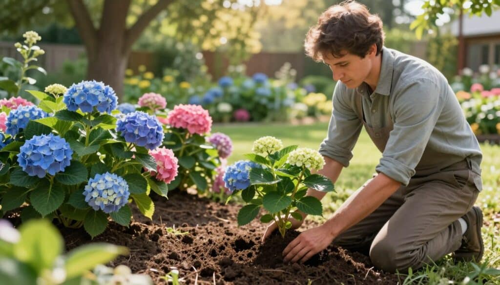 A serene outdoor scene depicting an American gardener planting vibrant hydrangeas in a well-tended garden. In the foreground, a skilled gardener dressed in modest casual clothing kneels on rich, dark soil, carefully placing a newly purchased hydrangea with lush green leaves and budding flowers. The middle ground showcases a variety of hydrangea plants in different stages of growth, with colorful blooms ranging from blue to pink, nestled in a neatly arranged garden bed. In the background, soft sunlight filters through leafy trees, casting gentle shadows and creating a warm, inviting atmosphere. The composition emphasizes the importance of proper planting techniques in a picturesque, peaceful setting, highlighting the gardener's careful attention to soil preparation and plant placement.