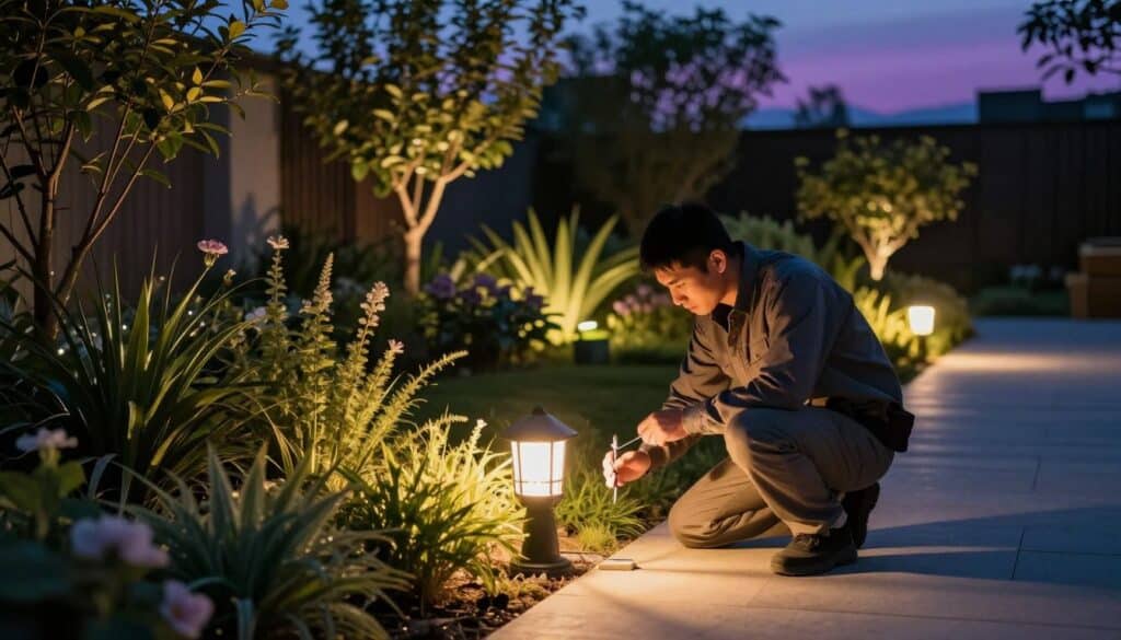 A serene outdoor scene showcasing a landscape lighting system in the process of adjustments and testing. In the foreground, a professional technician, dressed in smart casual attire, is kneeling by a softly glowing pathway light, making meticulous adjustments with a small tool. In the middle ground, various outdoor fixtures illuminate plants and garden features, casting soft shadows that enhance the texture of leaves and flowers. The background features a lush garden with trees subtly highlighted by ambient lighting, under a twilight sky painted in shades of deep blue and purple. The overall mood is calm and focused, emphasizing the importance of precision in creating beautiful outdoor spaces. The lighting is warm and inviting, rendering a peaceful atmosphere. A serene outdoor scene showcasing a landscape lighting system in the process of adjustments and testing. In the foreground, a professional technician, dressed in smart casual attire, is kneeling by a softly glowing pathway light, making meticulous adjustments with a small tool. In the middle ground, various outdoor fixtures illuminate plants and garden features, casting soft shadows that enhance the texture of leaves and flowers. The background features a lush garden with trees subtly highlighted by ambient lighting, under a twilight sky painted in shades of deep blue and purple. The overall mood is calm and focused, emphasizing the importance of precision in creating beautiful outdoor spaces. The lighting is warm and inviting, rendering a peaceful atmosphere.