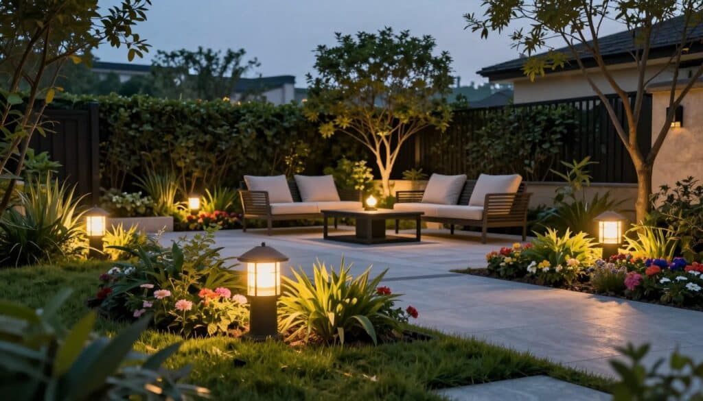 A serene outdoor scene showcasing a low voltage landscape lighting installation in a residential garden. In the foreground, subtle lighting fixtures are elegantly placed along a walkway, illuminating lush greenery and colorful flowers. The middle ground features a beautifully arranged patio area with stylish outdoor furniture, softly lit by warm, ambient lights. The background showcases a tranquil tree line, with the glow from the lights enhancing the overall atmosphere. The image captures a twilight setting, emphasizing the soft, inviting illumination against the dimming sky. The composition should be well-balanced, with a focus on the lighting effects that highlight the beauty of the outdoor space. The scene feels inviting and peaceful, ideal for showcasing the charm of low voltage lighting in landscape design. A serene outdoor scene showcasing a low voltage landscape lighting installation in a residential garden. In the foreground, subtle lighting fixtures are elegantly placed along a walkway, illuminating lush greenery and colorful flowers. The middle ground features a beautifully arranged patio area with stylish outdoor furniture, softly lit by warm, ambient lights. The background showcases a tranquil tree line, with the glow from the lights enhancing the overall atmosphere. The image captures a twilight setting, emphasizing the soft, inviting illumination against the dimming sky. The composition should be well-balanced, with a focus on the lighting effects that highlight the beauty of the outdoor space. The scene feels inviting and peaceful, ideal for showcasing the charm of low voltage lighting in landscape design.