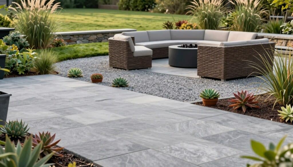 A serene outdoor space featuring low-maintenance hardscaping solutions. In the foreground, a beautifully paved patio made of large, gray stone pavers with a smooth finish, dotted with minimal, colorful drought-resistant plants. In the middle ground, a sleek gravel pathway interspersed with potted succulents leads to a cozy fire pit area surrounded by contemporary, weather-resistant furniture. The background showcases a lush, green lawn bordered by a stone retaining wall and ornamental grasses swaying gently in the breeze. Soft, natural sunlight gently illuminates the scene, creating an inviting and tranquil atmosphere. Capture the image from a slightly elevated angle to emphasize the layout and materials, showcasing the harmony between the hardscape and natural elements. A serene outdoor space featuring low-maintenance hardscaping solutions. In the foreground, a beautifully paved patio made of large, gray stone pavers with a smooth finish, dotted with minimal, colorful drought-resistant plants. In the middle ground, a sleek gravel pathway interspersed with potted succulents leads to a cozy fire pit area surrounded by contemporary, weather-resistant furniture. The background showcases a lush, green lawn bordered by a stone retaining wall and ornamental grasses swaying gently in the breeze. Soft, natural sunlight gently illuminates the scene, creating an inviting and tranquil atmosphere. Capture the image from a slightly elevated angle to emphasize the layout and materials, showcasing the harmony between the hardscape and natural elements.