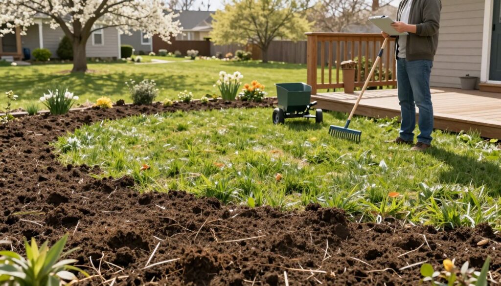 A serene suburban backyard during early spring, featuring a patchy lawn in the foreground that clearly shows signs of renovation, such as freshly tilled soil and scattered grass seed. In the middle ground, a garden toolset, including a rake and seed spreader, is neatly arranged on a wooden deck, while a homeowner in modest casual attire observes the lawn, clipboard in hand, contemplating the next steps. The background reveals a vibrant green landscape with blooming flowers and trees, bathed in soft morning sunlight that casts gentle shadows. The atmosphere is calm and focused, symbolizing the beginning of a rejuvenating lawn renovation process. The composition is captured from a slightly elevated angle, highlighting both the lawn's condition and the homeowner's engagement with the yard. A serene suburban backyard during early spring, featuring a patchy lawn in the foreground that clearly shows signs of renovation, such as freshly tilled soil and scattered grass seed. In the middle ground, a garden toolset, including a rake and seed spreader, is neatly arranged on a wooden deck, while a homeowner in modest casual attire observes the lawn, clipboard in hand, contemplating the next steps. The background reveals a vibrant green landscape with blooming flowers and trees, bathed in soft morning sunlight that casts gentle shadows. The atmosphere is calm and focused, symbolizing the beginning of a rejuvenating lawn renovation process. The composition is captured from a slightly elevated angle, highlighting both the lawn's condition and the homeowner's engagement with the yard.