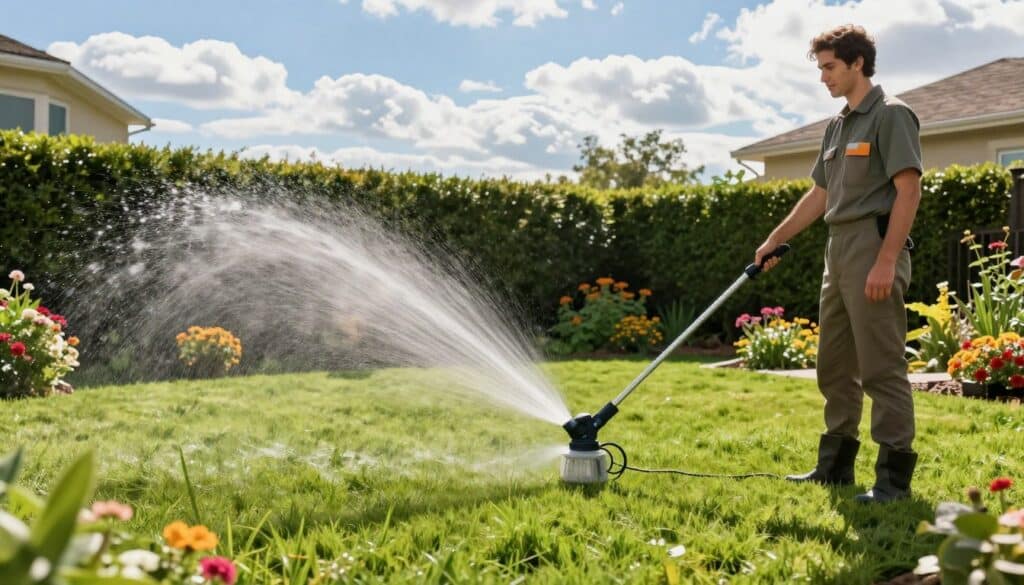 A serene suburban backyard scene depicting a well-maintained lawn being watered effectively. In the foreground, a professional gardener in modest casual clothing is using a high-quality oscillating sprinkler, positioned to cover the lush green grass evenly. The middle ground features vivid flowers and neatly trimmed hedges, creating an inviting atmosphere. In the background, a clear blue sky with soft white clouds enhances the cheerful mood, while gentle sunlight casts warm highlights on the grass. The scene is well-lit, emphasizing the vibrant colors of the garden. The angle captures a slightly elevated perspective to showcase the entire lawn care process, promoting a sense of tranquility and professionalism in lawn maintenance.
