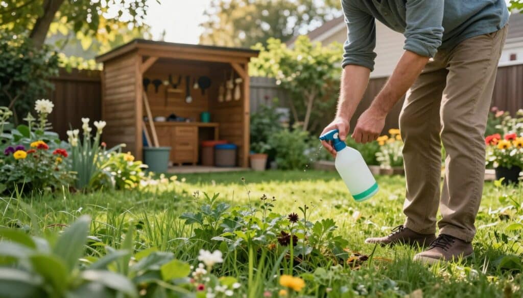 A serene suburban backyard scene showcasing a man in modest casual clothing actively managing lawn weeds, pests, and diseases using natural methods. In the foreground, a variety of lush green grasses and small flowering weeds can be seen intertwined. The man is gently applying an organic pest control spray, using a sprayer bottle made of eco-friendly materials. In the middle ground, a wooden garden shed filled with gardening tools emphasizes a natural lawn care environment. Sunlight filters through lush trees in the background, creating a warm and inviting atmosphere, while vibrant flowers add pops of color. Soft shadows enhance the peaceful ambiance, evoking a sense of harmony with nature and sustainability. Shot at a subtle angle to capture the dynamic action and care in maintaining a healthy lawn.