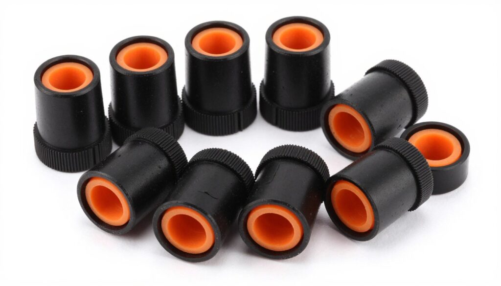 A set of waterproof landscape lighting wire connectors with black caps and orange internal sealant on a white background. A set of waterproof landscape lighting wire connectors with black caps and orange internal sealant on a white background.
