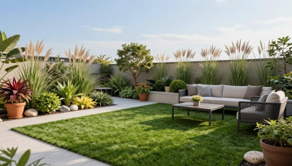 A spacious outdoor patio featuring low-maintenance landscaping and turf options. In the foreground, vibrant green artificial grass cushions a cozy, inviting seating area with stylish, modern outdoor furniture. Potted plants with colorful foliage and decorative stones add a touch of warmth. The middle ground showcases a well-structured garden path lined with compact shrubs and hardy ground cover plants, promoting an easy-to-care-for environment. In the background, gently swaying ornamental grasses frame the scene against a clear blue sky with soft, diffused sunlight creating a serene atmosphere. The composition is captured from a slightly elevated angle, emphasizing the layout and design, evoking a sense of relaxation and budget-friendly elegance in outdoor living spaces. A spacious outdoor patio featuring low-maintenance landscaping and turf options. In the foreground, vibrant green artificial grass cushions a cozy, inviting seating area with stylish, modern outdoor furniture. Potted plants with colorful foliage and decorative stones add a touch of warmth. The middle ground showcases a well-structured garden path lined with compact shrubs and hardy ground cover plants, promoting an easy-to-care-for environment. In the background, gently swaying ornamental grasses frame the scene against a clear blue sky with soft, diffused sunlight creating a serene atmosphere. The composition is captured from a slightly elevated angle, emphasizing the layout and design, evoking a sense of relaxation and budget-friendly elegance in outdoor living spaces.