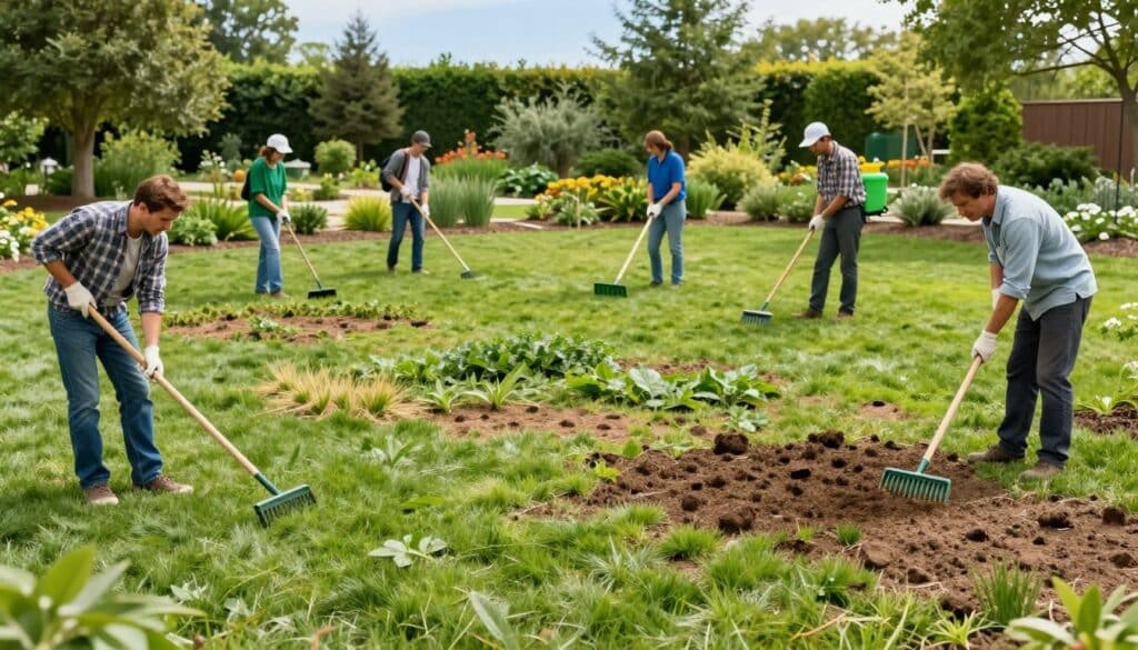 A split-view image illustrating common lawn issues during renovation. In the foreground, a diverse group of American gardeners in professional attire, equipped with tools like rakes, aerators, and seed spreaders, are actively working on a patchy lawn. The middle ground features areas of the lawn showing different issues such as thinning grass, patches of weeds, and bare spots, with vibrant colors to highlight the contrasts. The background displays a well-maintained garden with lush greenery and a clear blue sky, creating a sense of hope and renewal. Soft natural lighting enhances the scene, emphasizing textures of the grass and soil. The atmosphere is industrious and optimistic, reflecting the theme of revitalizing a lawn. A split-view image illustrating common lawn issues during renovation. In the foreground, a diverse group of American gardeners in professional attire, equipped with tools like rakes, aerators, and seed spreaders, are actively working on a patchy lawn. The middle ground features areas of the lawn showing different issues such as thinning grass, patches of weeds, and bare spots, with vibrant colors to highlight the contrasts. The background displays a well-maintained garden with lush greenery and a clear blue sky, creating a sense of hope and renewal. Soft natural lighting enhances the scene, emphasizing textures of the grass and soil. The atmosphere is industrious and optimistic, reflecting the theme of revitalizing a lawn.