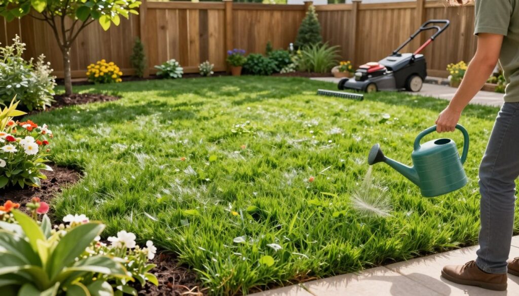 A vibrant and lush lawn after renovation, showcasing healthy green grass in various shades, thriving flowers, and neatly trimmed edges. In the foreground, a person in casual gardening attire carefully tending to the grass with a watering can and fertilizer spreader, symbolizing dedication to lawn maintenance. In the middle ground, visible tools such as a rake and lawnmower hint at ongoing care. The backyard is framed by a wooden fence, with a few trees and flower beds creating a lush feel. Soft, warm sunlight filters through the leaves, casting gentle shadows, enhancing the vivid colors and creating a serene atmosphere. The angle captures the scene from slightly above, providing a comprehensive view of the overall health and beauty of the renovated lawn. A vibrant and lush lawn after renovation, showcasing healthy green grass in various shades, thriving flowers, and neatly trimmed edges. In the foreground, a person in casual gardening attire carefully tending to the grass with a watering can and fertilizer spreader, symbolizing dedication to lawn maintenance. In the middle ground, visible tools such as a rake and lawnmower hint at ongoing care. The backyard is framed by a wooden fence, with a few trees and flower beds creating a lush feel. Soft, warm sunlight filters through the leaves, casting gentle shadows, enhancing the vivid colors and creating a serene atmosphere. The angle captures the scene from slightly above, providing a comprehensive view of the overall health and beauty of the renovated lawn.