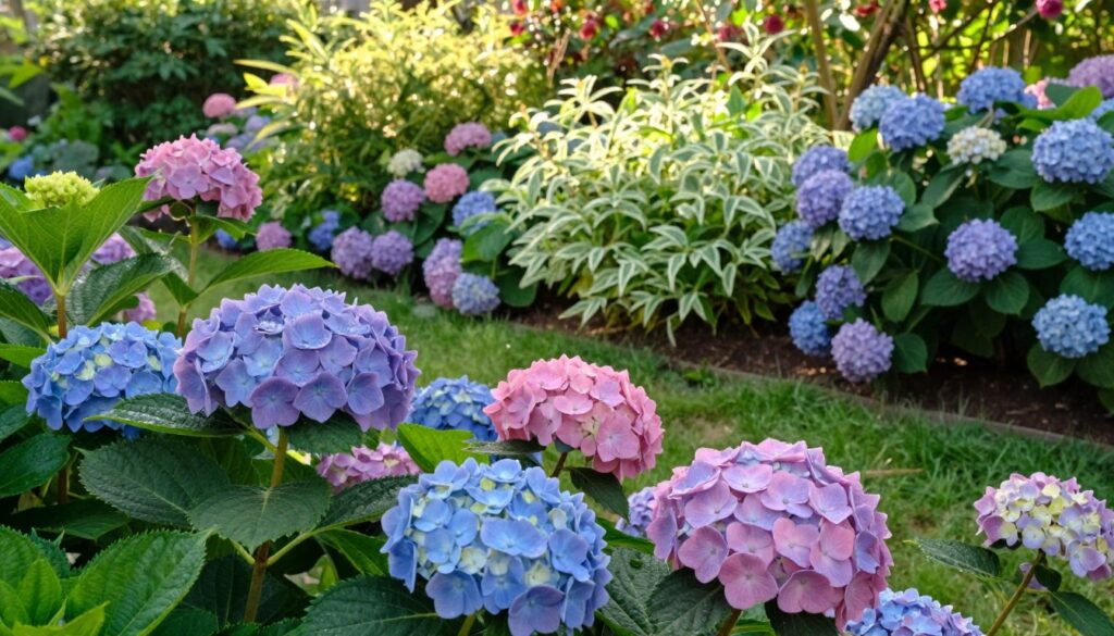 A vibrant garden scene featuring lush hydrangeas in full bloom. In the foreground, clusters of round, fluffy hydrangea heads in hues of blue, pink, and lavender are surrounded by rich green foliage. The middle ground showcases a well-tended garden bed with a mix of blooming hydrangeas and delicate, leafy plants, all glistening with morning dew. In the background, soft, sunlit greenery adds depth, suggesting a peaceful outdoor setting. The lighting is soft and warm, indicative of early morning sunshine, with gentle shadows enhancing the textures of the petals and leaves. The image conveys a sense of tranquility and beauty, inviting the viewer to appreciate the charm of hydrangeas in their natural habitat.