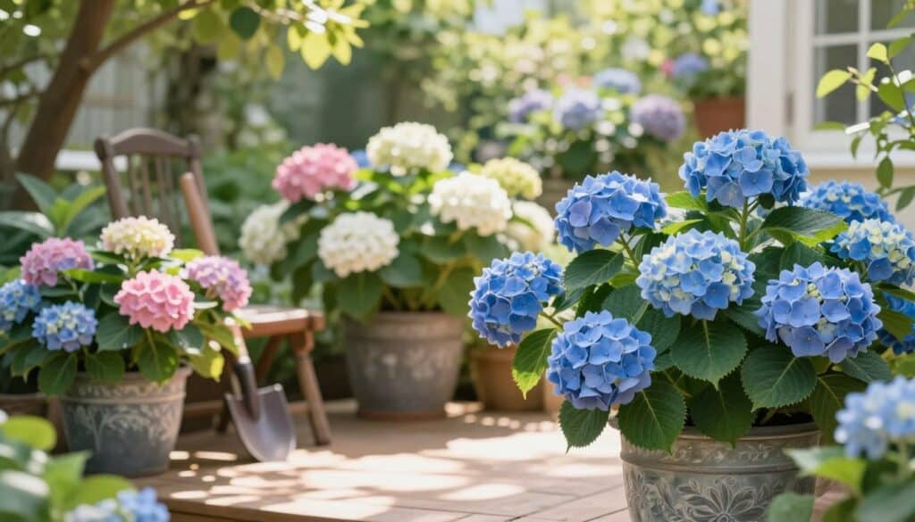 A vibrant garden scene showcasing lush hydrangeas in decorative containers, beautifully arranged on a wooden patio. In the foreground, a large, deep blue hydrangea blooms, with its delicate petals and rich green leaves lush and vibrant. In the middle ground, additional containers display a variety of hydrangea colors, including soft pinks and bright whites, nestled amongst rustic garden tools and decor. The background features a softly blurred garden setting with dappled sunlight filtering through leafy trees, providing a warm, inviting atmosphere. The image is captured with a soft-focus lens, emphasizing the beauty of the flowers while creating a serene and peaceful mood. Aim for bright, natural lighting to enhance the colors of the hydrangeas, inviting viewers to envision growth and care in a lush outdoor environment.