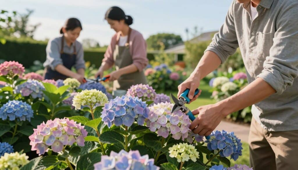 A vibrant outdoor scene depicting professional gardeners demonstrating various pruning techniques on blooming hydrangeas. In the foreground, a gardener in modest casual clothing carefully prunes a lush, pastel-colored hydrangea bush, showcasing pruning shears in hand. The middle ground features additional hydrangea plants in full bloom, with shades of pink, blue, and white, while another gardener is demonstrating a different pruning technique nearby. The background includes a well-kept garden with greenery and a clear blue sky, bathed in warm, soft sunlight, creating a serene, instructional atmosphere. The focus is on the careful craftsmanship of pruning to enhance hydrangea growth, highlighting techniques like deadheading and shaping.
