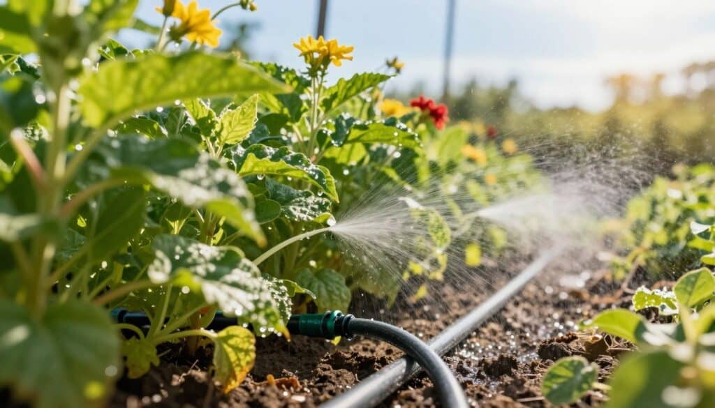 A vivid garden scene showcasing a drip irrigation system in action, emphasizing its efficiency for plant growth. In the foreground, lush green plants with healthy leaves and vibrant flowers are thriving, their roots visibly benefiting from the precise water distribution. In the middle ground, a network of dark, flexible drip hoses runs along the soil, with tiny droplets of water emerging at intervals, highlighting the technology's effectiveness. Bright, soft sunlight filters through the leaves, casting gentle shadows and creating an warm, inviting atmosphere. In the background, a clear blue sky complements the vibrant greenery, enhancing the sense of tranquility. The image captures the essence of sustainable gardening practices, focusing on harmony between technology and nature. A vivid garden scene showcasing a drip irrigation system in action, emphasizing its efficiency for plant growth. In the foreground, lush green plants with healthy leaves and vibrant flowers are thriving, their roots visibly benefiting from the precise water distribution. In the middle ground, a network of dark, flexible drip hoses runs along the soil, with tiny droplets of water emerging at intervals, highlighting the technology's effectiveness. Bright, soft sunlight filters through the leaves, casting gentle shadows and creating an warm, inviting atmosphere. In the background, a clear blue sky complements the vibrant greenery, enhancing the sense of tranquility. The image captures the essence of sustainable gardening practices, focusing on harmony between technology and nature.