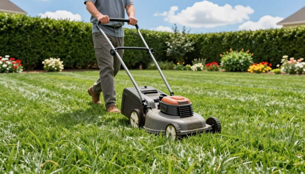 A well-maintained suburban lawn with a vibrant green color, featuring an American homeowner in professional casual attire, mowing the grass with a push mower. In the foreground, close-up details of healthy grass blades are visible, along with the mower’s cutting deck in action, demonstrating proper mowing technique. In the middle ground, the homeowner is focused on mowing, ensuring even lines on the lawn. In the background, a manicured hedge and colorful flower beds complement the lawn, under a bright blue sky with fluffy white clouds, creating a cheerful atmosphere. The lighting is bright and natural, evoking a sense of a perfect day for lawn care. The image should be clean, tidy, and convey a sense of diligence and pride in lawn maintenance.