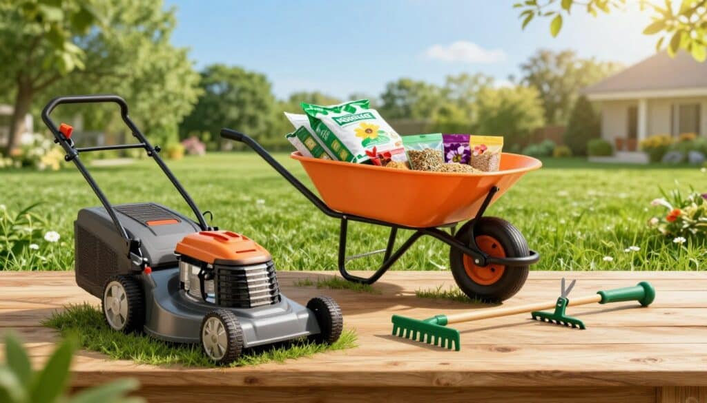 A well-organized display of essential lawn care tools and equipment arranged artistically on a wooden garden table. In the foreground, highlight a shiny gas-powered lawnmower with a vibrant green grass backdrop, alongside a pair of sharp hedge shears, a sturdy rake, and a handheld weeder. In the middle ground, feature a bright orange wheelbarrow filled with bags of organic fertilizer and a selection of colorful flower seeds. The background should show a lush, well-maintained lawn under a clear blue sky. The lighting is warm and inviting, suggesting a sunny afternoon, casting soft shadows that create depth. The atmosphere conveys a sense of tranquility and purpose, inspiring homeowners to engage in caring for their lawns.