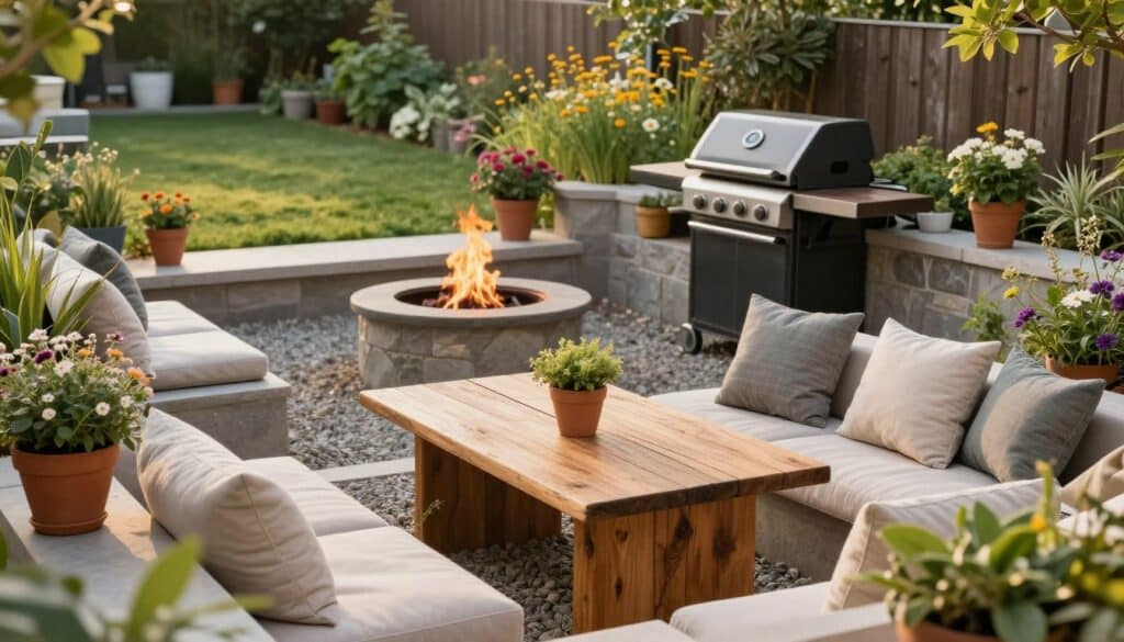 An inviting outdoor living space, focusing on budget-friendly design. In the foreground, a cozy seating area with simple but stylish furniture, including a rustic wooden table and comfortable cushions in soft natural tones. Potted plants and small flowering shrubs enhance the ambiance, creating a touch of greenery. In the middle ground, a compact barbecue grill sits next to a DIY fire pit surrounded by gravel, promoting a casual gathering spot. The background features a landscaped garden with grass and vibrant wildflowers, bathed in warm, soft lighting of the late afternoon sun. The scene is viewed from a slight elevated angle, capturing the overall layout and inviting atmosphere, embodying the creative yet frugal spirit of outdoor living space planning. An inviting outdoor living space, focusing on budget-friendly design. In the foreground, a cozy seating area with simple but stylish furniture, including a rustic wooden table and comfortable cushions in soft natural tones. Potted plants and small flowering shrubs enhance the ambiance, creating a touch of greenery. In the middle ground, a compact barbecue grill sits next to a DIY fire pit surrounded by gravel, promoting a casual gathering spot. The background features a landscaped garden with grass and vibrant wildflowers, bathed in warm, soft lighting of the late afternoon sun. The scene is viewed from a slight elevated angle, capturing the overall layout and inviting atmosphere, embodying the creative yet frugal spirit of outdoor living space planning.
