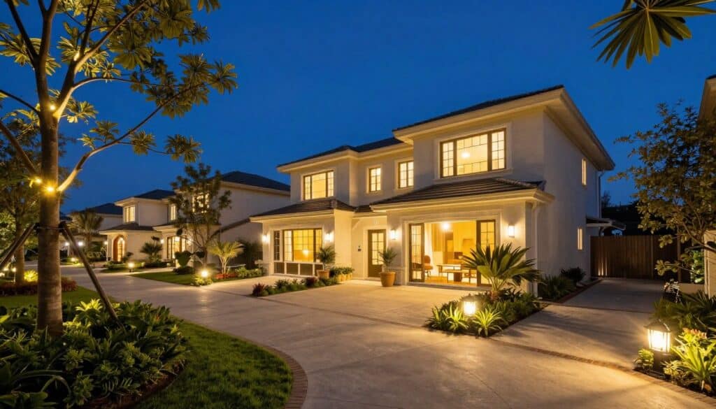 Beautifully illuminated Ludlow property at night showing complete landscape lighting transformation with warm welcoming ambiance