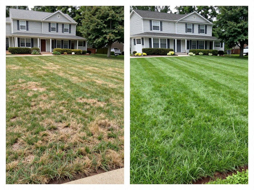 Before and after comparison of lawn renovation using hydroseeding in Ludlow residential property